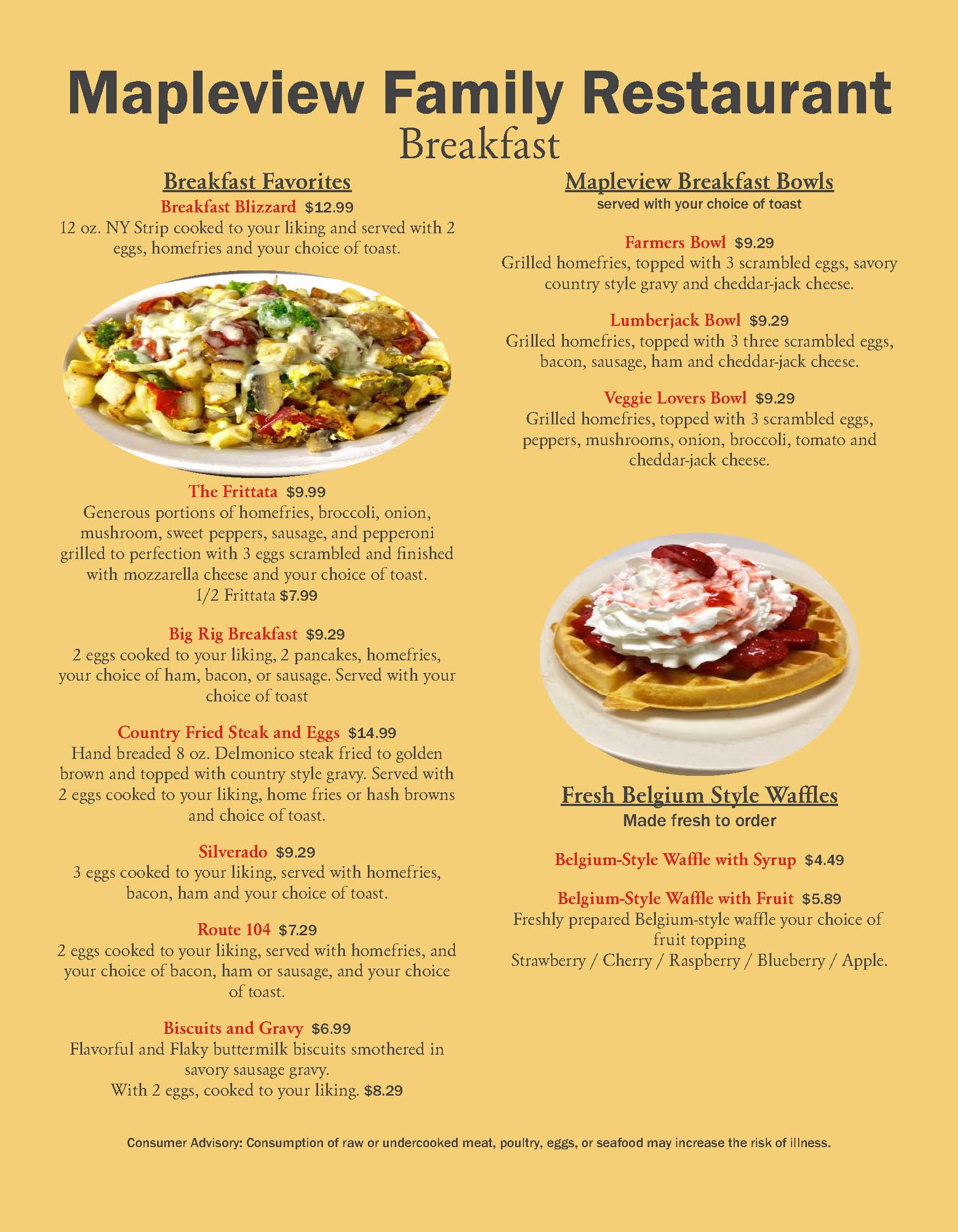 Mapleview Family Restaurant Breakfast Menu